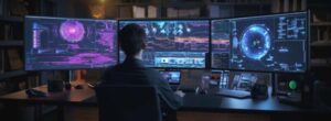 Man sitting at work desk while in front of three different computer monitors.