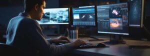 Man sitting at his work desk while typing on the keyboard and in front of large computer monitors.